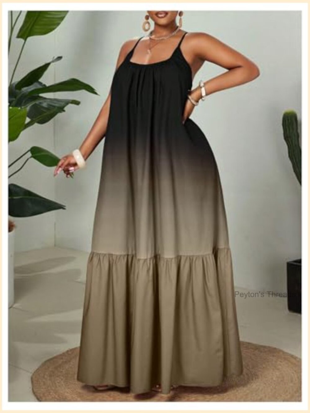 Spaghetti Strap Ruffle Hem Ombre Maxi Dress Flowy Vacation Sundress - Picture 3 of 5